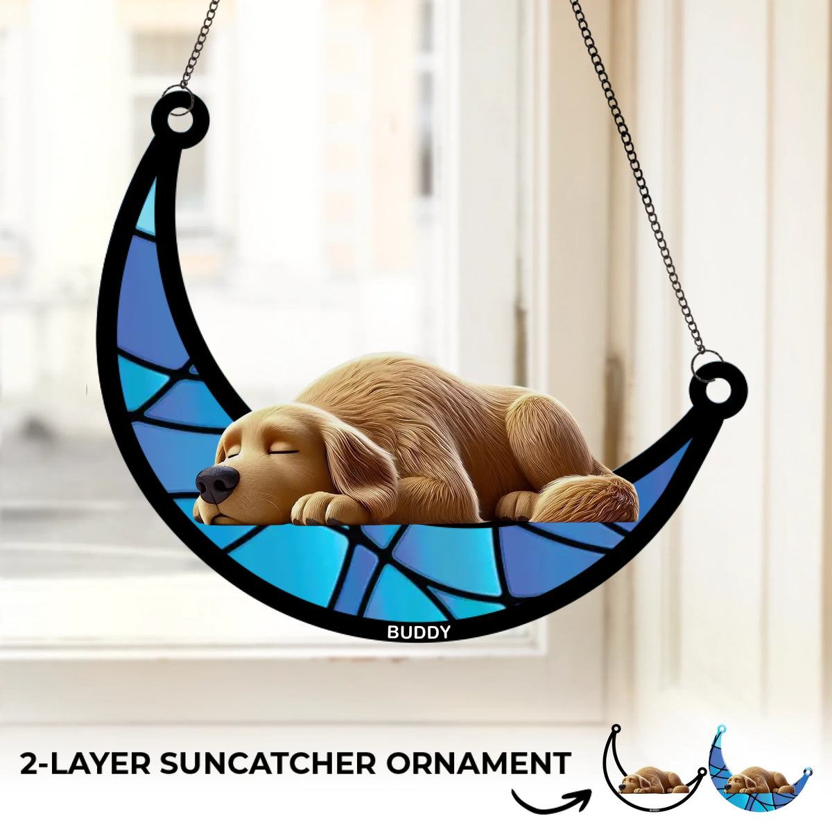 Rêver de friandises et de caresses sur le ventre - Attrape-soleil personnalisé pour fenêtre - Cadeau pour propriétaires et amoureux des animaux