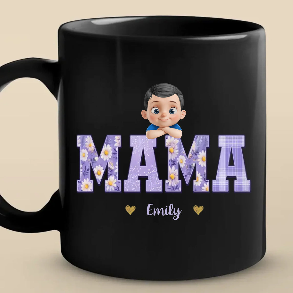 Nos cœurs appartiennent à maman - Mug noir personnalisé pour la famille - Fête des mères, cadeau pour maman, grand-mère