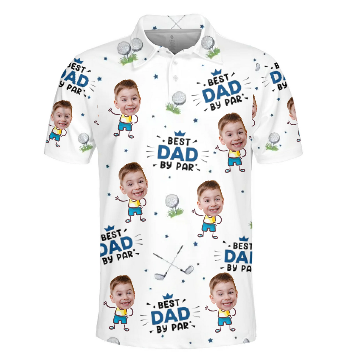 Polo personnalisé avec photo « Meilleur papa sur le green » - Imprimé intégral personnalisé pour la famille - Cadeau pour la fête des pères, les amateurs de sport et les joueurs de sport