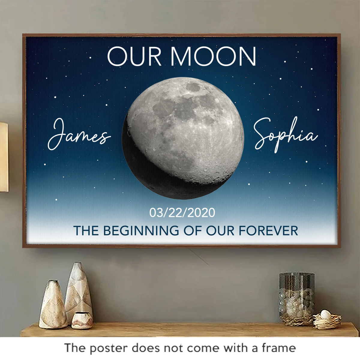 Affiche horizontale personnalisée - Cadeaux d'anniversaire de mariage personnalisés pour mari et femme, lui et elle - Sous cette lune, notre histoire a commencé