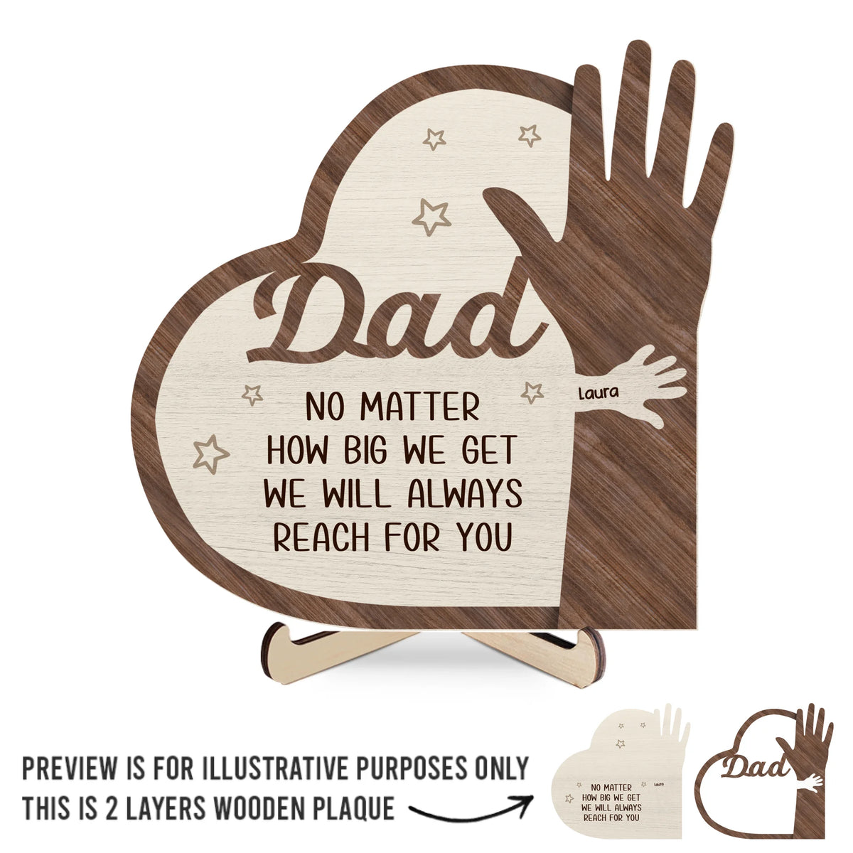 Des petites mains aux grands cœurs, nous vous aiderons toujours - Plaque en bois personnalisée à 2 couches avec support - Fête des pères, cadeau pour papa, grand-père