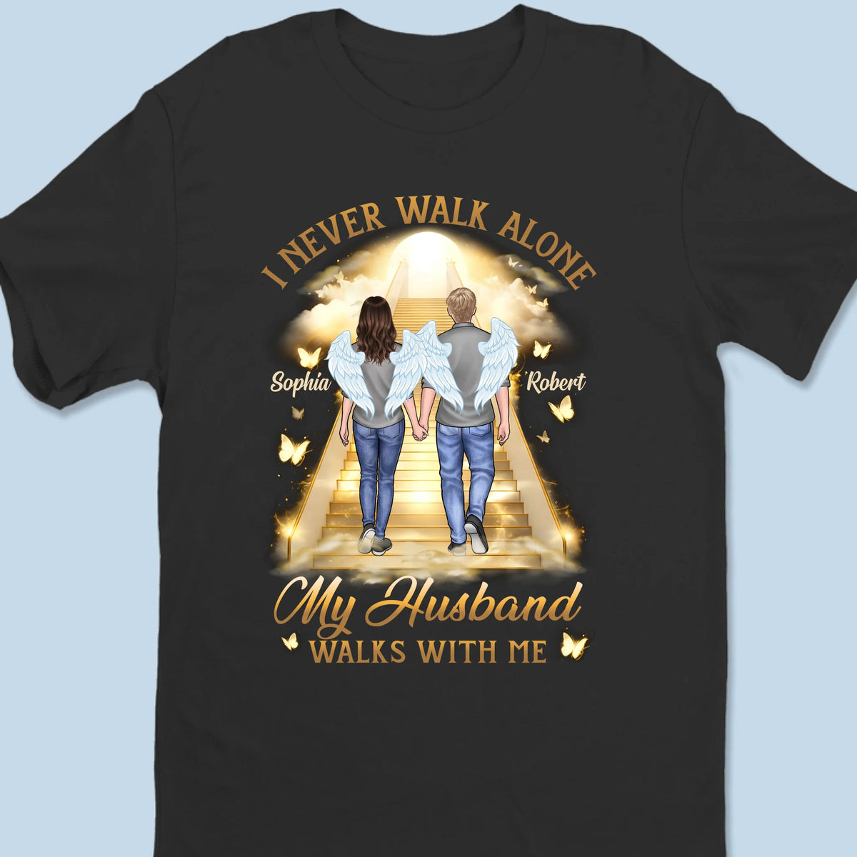 T-shirt unisexe personnalisé, t-shirt premium, sweat à capuche – Cadeaux de condoléances personnalisés pour la perte d'un mari ou d'une femme – Ses ailes guident mes pas