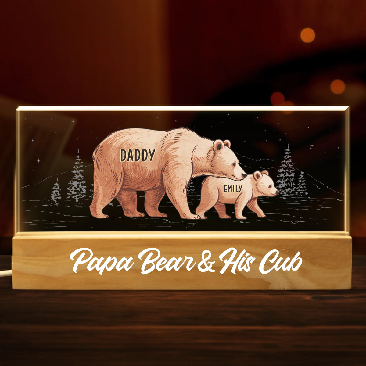 Papa Bear ouvre la voie - Veilleuse LED 3D personnalisée en acrylique avec lettres - Cadeau pour la fête des pères, papa ou grand-père