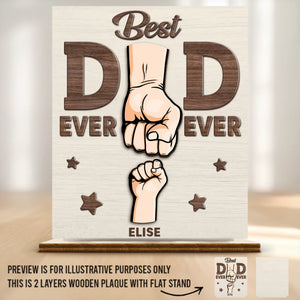 Behind Every Tiny Fist Is A Big Love For Dad - Family Personalized Custom Shaped 2-Layered Wooden Plaque With Flat Stand - Father's Day, House Warming Gift For Dad