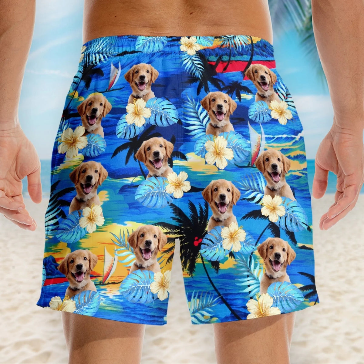 Short de plage hawaïen tropical Aloha personnalisé avec photo pour homme – Cadeaux de vacances et de voyage personnalisés pour la famille, les amoureux des chiens et des chats – La vie est plus belle avec Sandy Paws