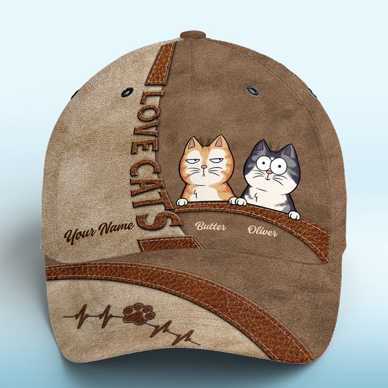 Casquette personnalisée « Keep Calm And Love Cats » marron, motif chat, imprimé intégral, classique, nouveauté, cadeau pour les propriétaires et les amoureux des animaux.