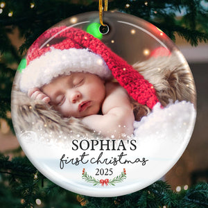 First Christmas - Personalized Custom Round Shaped Ceramic Photo Christmas Ornament - Upload Image, Gift For Family, Christmas Gift