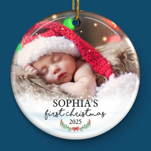 First Christmas - Personalized Custom Round Shaped Ceramic Photo Christmas Ornament - Upload Image, Gift For Family, Christmas Gift