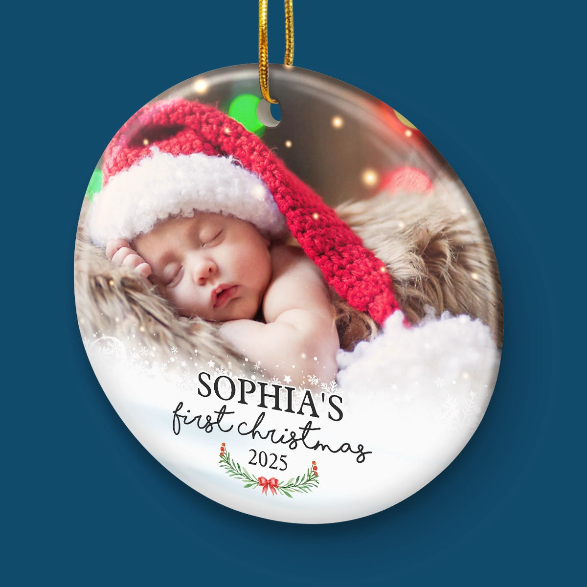 First Christmas - Personalized Custom Round Shaped Ceramic Photo Christmas Ornament - Upload Image, Gift For Family, Christmas Gift