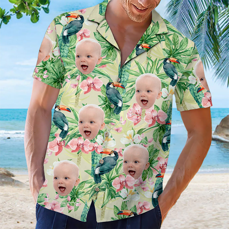 Motif de fleur d'oiseau tropical personnalisé - Chemise hawaïenne unisexe personnalisée pour la famille - Cadeau de vacances d'été, cadeau pour les membres de la famille