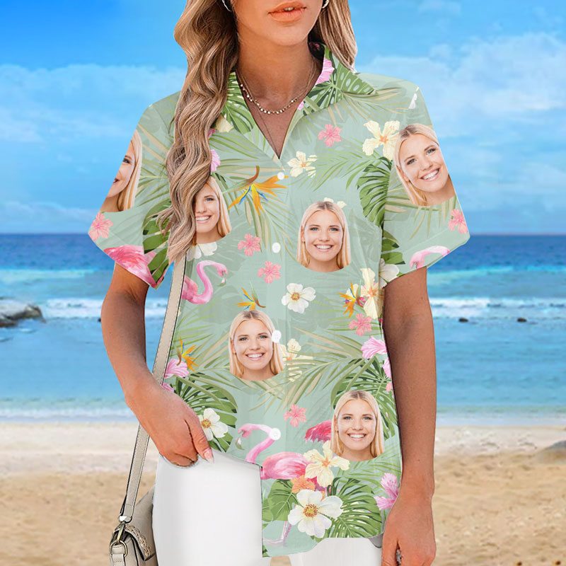 T-shirt hawaïen unisexe personnalisé avec photo, style été vert clair et rose, idéal pour les vacances d'été ou pour la famille