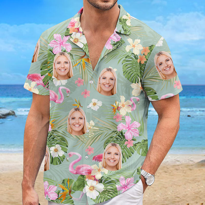 T-shirt hawaïen unisexe personnalisé avec photo, style été vert clair et rose, idéal pour les vacances d'été ou pour la famille