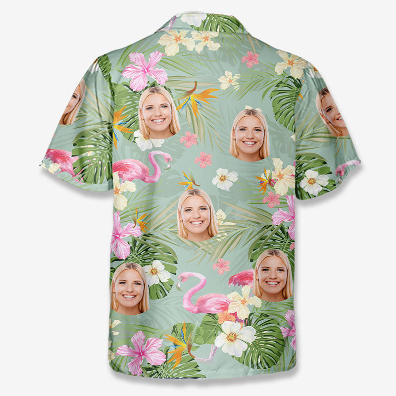 T-shirt hawaïen unisexe personnalisé avec photo, style été vert clair et rose, idéal pour les vacances d'été ou pour la famille
