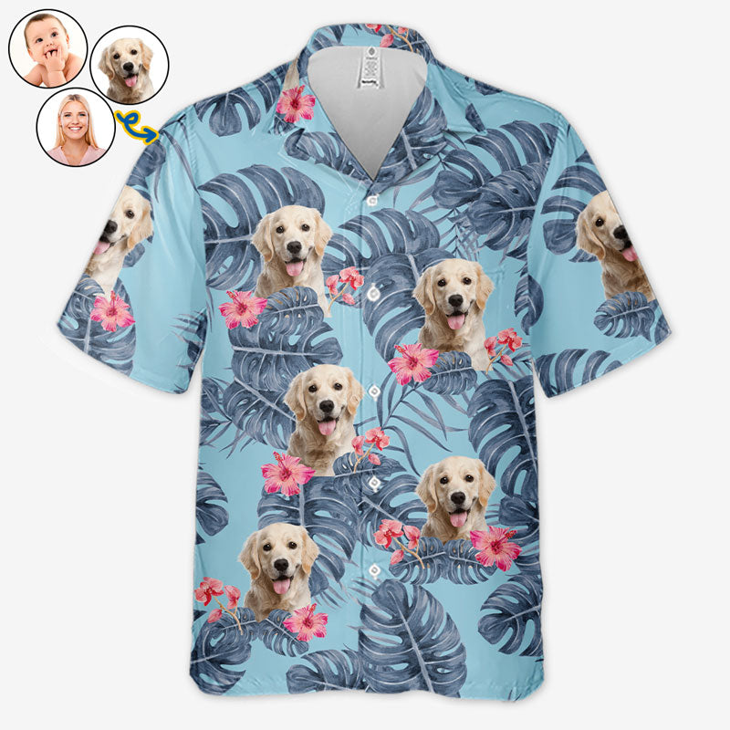 Feuilles tropicales et animaux de compagnie - T-shirt hawaïen unisexe personnalisé pour chien et chat - Télécharger une image, visage de chien, visage de chat - Cadeau vacances d'été, cadeau pour propriétaires d'animaux et amoureux des animaux