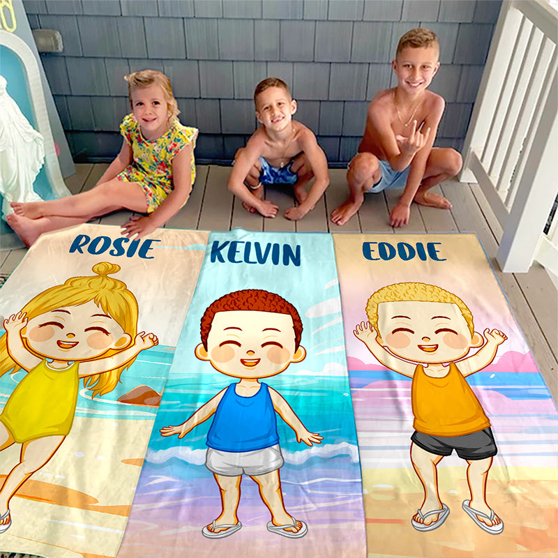 Le bonheur arrive par vagues - Serviette de plage personnalisée pour toute la famille - Cadeau pour les vacances d'été, un anniversaire ou une fête à la piscine