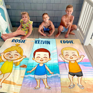 Le bonheur arrive par vagues - Serviette de plage personnalisée pour toute la famille - Cadeau pour les vacances d'été, un anniversaire ou une fête à la piscine