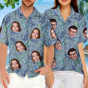 Feuilles tropicales colorées et animal de compagnie - Couple personnalisé visage personnalisé unisexe chemise hawaïenne tropicale Aloha - cadeau vacances d'été, cadeau pour mari femme
