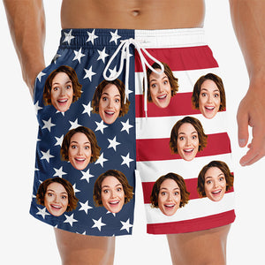 Custom Photo Rocking The Red, White, And Blue - Funny Personalized Custom Patriotic Men Beach Shorts - Independence Day, 4th Of July, Summer Vacation Gift, Birthday Party Gift For Husband