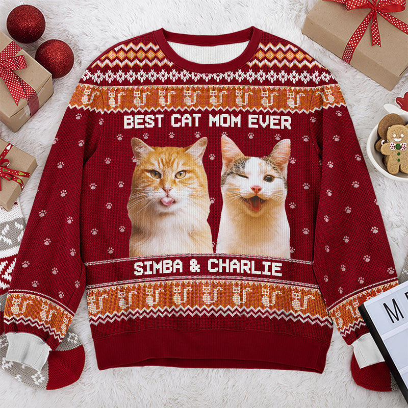 Sweat-shirt personnalisé avec photo « Née pour être une maman chat » - Pull en laine unisexe - Cadeau de Noël pour les propriétaires et les amoureux des animaux