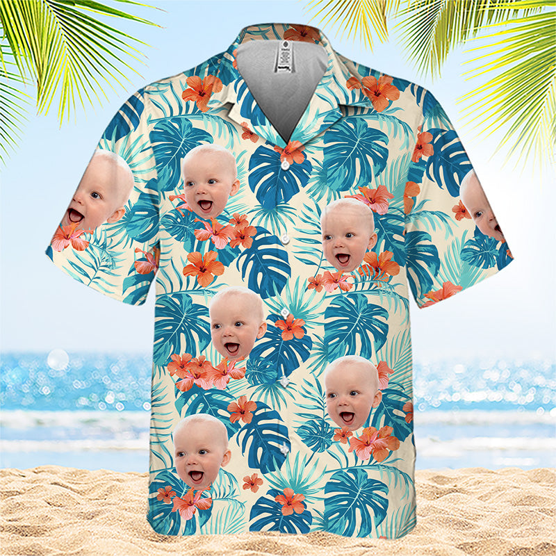 T-shirt hawaïen unisexe personnalisé avec photo de fleurs et feuilles tropicales colorées - Cadeau idéal pour les vacances d'été et la famille