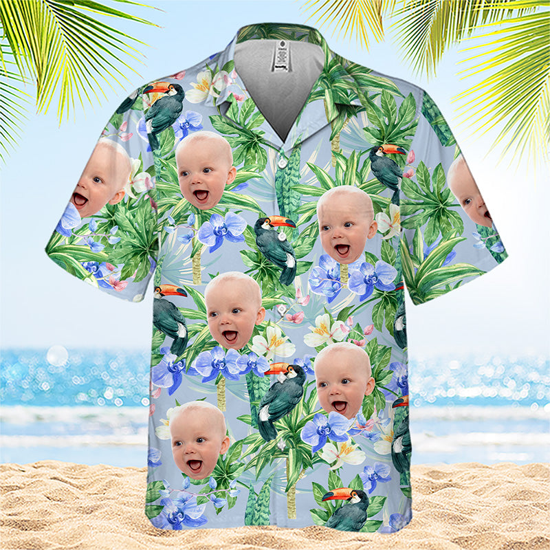 Motif de fleur d'oiseau tropical personnalisé - Chemise hawaïenne unisexe personnalisée pour la famille - Cadeau de vacances d'été, cadeau pour les membres de la famille