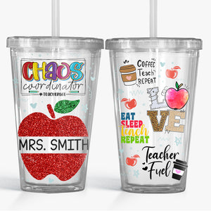 Gobelet en acrylique transparent personnalisé « Manger, dormir, enseigner, répéter » pour enseignant(e) – Cadeau pour enseignant(e) et rentrée scolaire