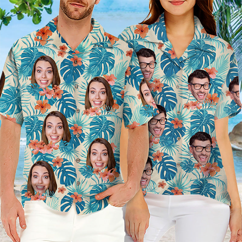 T-shirt hawaïen unisexe personnalisé avec photo de fleurs et feuilles tropicales colorées - Cadeau pour les vacances d'été, pour mari et femme