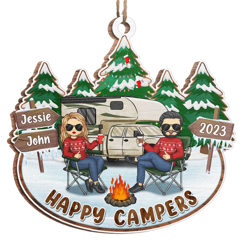Joyeux campeurs en vacances - Ornement personnalisé pour couple - Bois en forme personnalisée - Cadeau de Noël pour mari et femme, anniversaire, amoureux du camping
