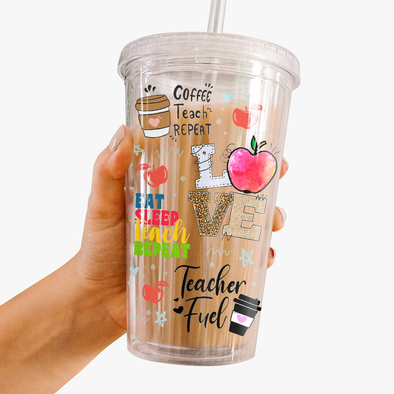 Gobelet en acrylique transparent personnalisé « Manger, dormir, enseigner, répéter » pour enseignant(e) – Cadeau pour enseignant(e) et rentrée scolaire
