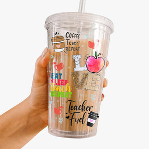 Gobelet en acrylique transparent personnalisé « Manger, dormir, enseigner, répéter » pour enseignant(e) – Cadeau pour enseignant(e) et rentrée scolaire