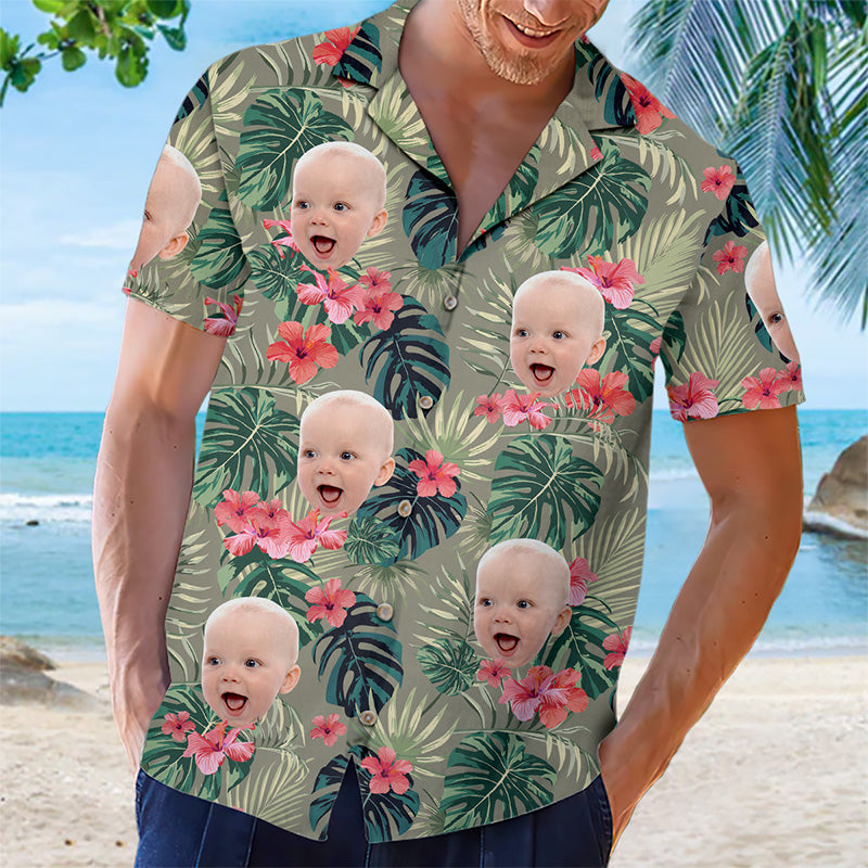 T-shirt hawaïen unisexe personnalisé avec photo de fleurs et feuilles tropicales colorées - Cadeau idéal pour les vacances d'été et la famille