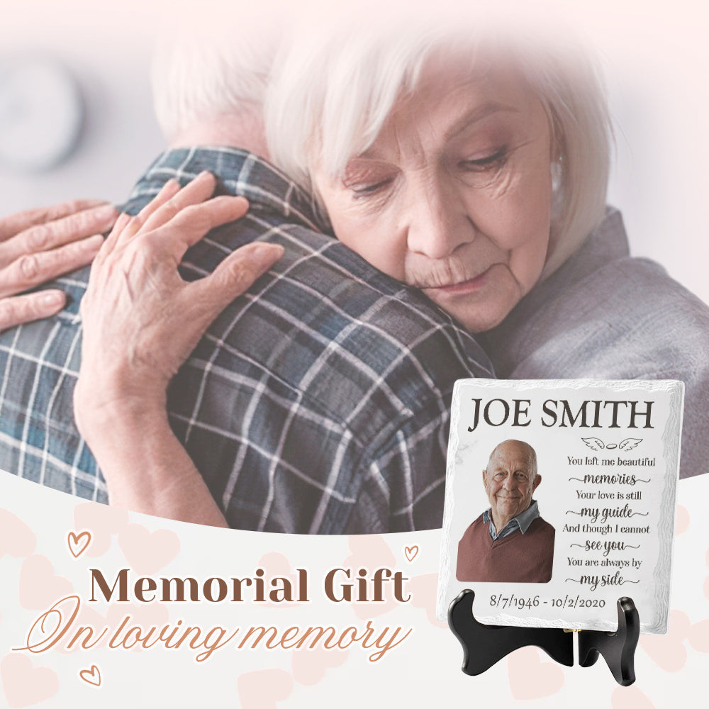 Photo personnalisée et même si je ne peux pas te voir, tu es toujours à mes côtés - Plaque commémorative personnalisée en céramique de forme carrée avec support - Cadeau commémoratif, cadeau de condoléances
