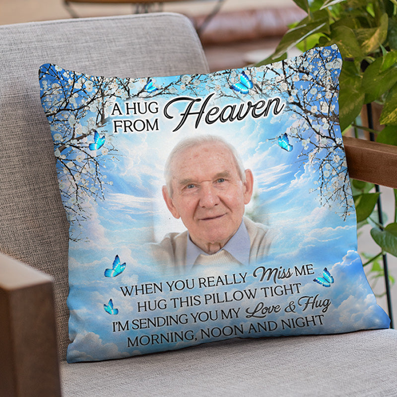 Photo personnalisée « Un câlin du ciel » - Coussin personnalisé commémoratif - Cadeau de condoléances pour les membres de la famille