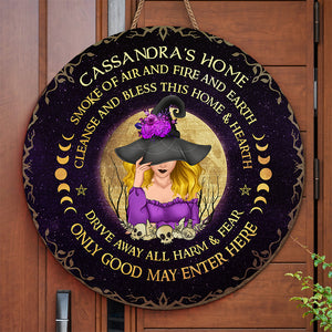 Éloignez tout mal et toute peur ! Panneau rond en bois personnalisé pour décoration d'intérieur, idéal pour les sorcières. Cadeau d'Halloween pour vous-même.