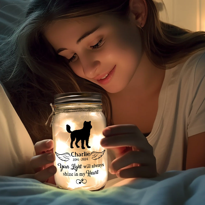 Ta lumière brillera toujours dans mon cœur - Lampe commémorative personnalisée en pot Mason - Cadeau de condoléances pour les propriétaires d'animaux et les amoureux des animaux