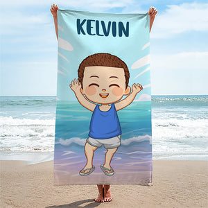 Le bonheur arrive par vagues - Serviette de plage personnalisée pour toute la famille - Cadeau pour les vacances d'été, un anniversaire ou une fête à la piscine