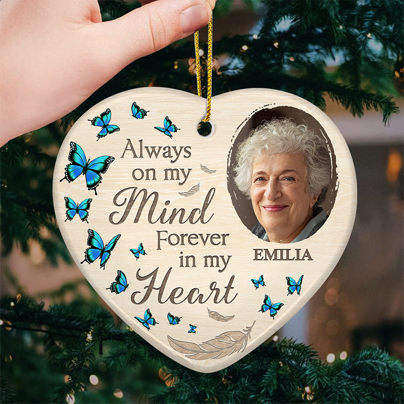 Photo personnalisée en souvenir - Ornement commémoratif personnalisé - En forme de cœur en céramique - Cadeau de Noël, cadeau de condoléances pour les membres de la famille