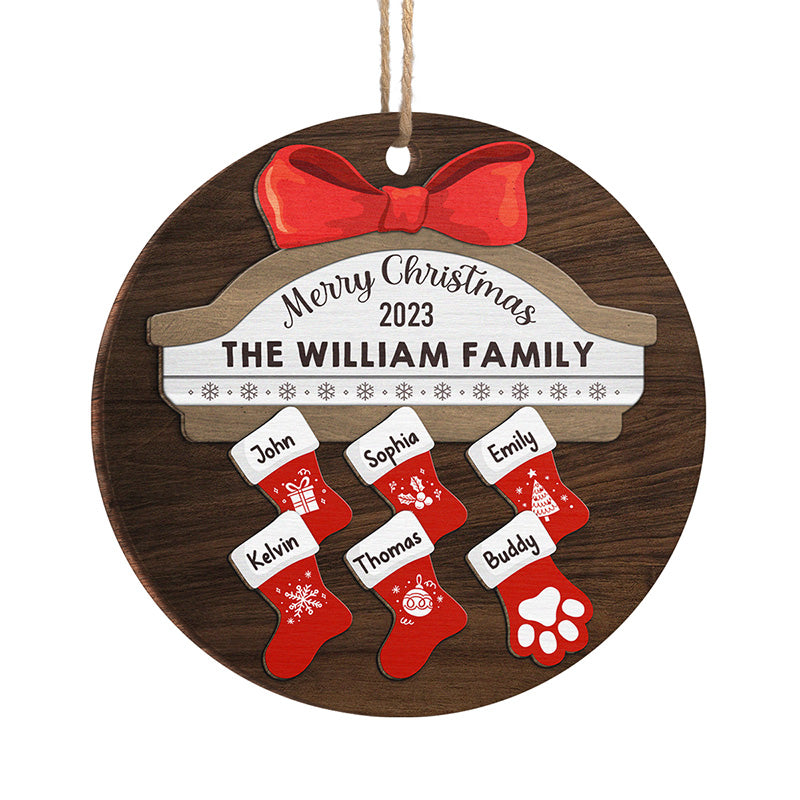 Joyeuses fêtes - Décoration personnalisée pour la famille - Forme ronde en bois - Cadeau de Noël pour les membres de la famille
