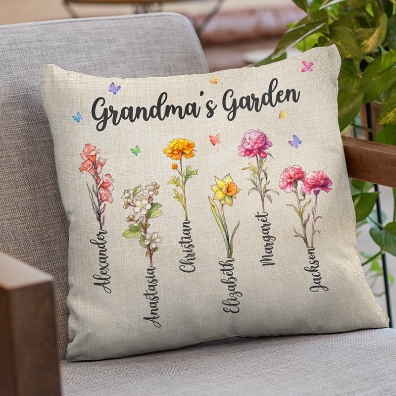 Jardin de grand-mère - Coussin personnalisé pour la famille - Cadeau pour grand-mère