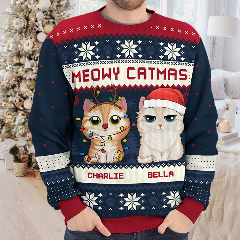Joyeux Noël à tous ! Sweat-shirt personnalisé avec motif chat, moche et personnalisé, en laine, unisexe, cadeau de Noël pour les propriétaires et les amoureux des animaux.
