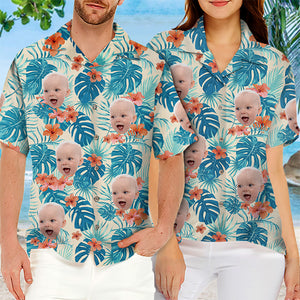 T-shirt hawaïen unisexe personnalisé avec photo de fleurs et feuilles tropicales colorées - Cadeau idéal pour les vacances d'été et la famille