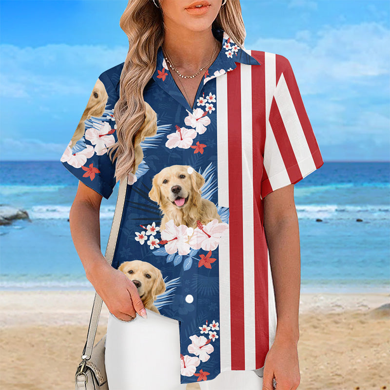 Photo personnalisée « Amoureux de mon été » - T-shirt hawaïen unisexe patriotique personnalisé pour chien et chat - Fête de l'Indépendance, 4 juillet, cadeau de vacances d'été, cadeau pour propriétaires d'animaux et amoureux des animaux