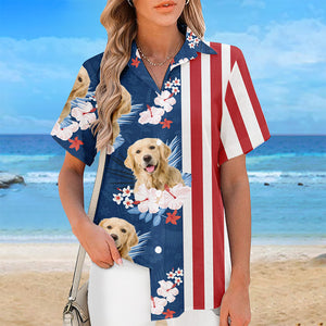 Photo personnalisée « Amoureux de mon été » - T-shirt hawaïen unisexe patriotique personnalisé pour chien et chat - Fête de l'Indépendance, 4 juillet, cadeau de vacances d'été, cadeau pour propriétaires d'animaux et amoureux des animaux