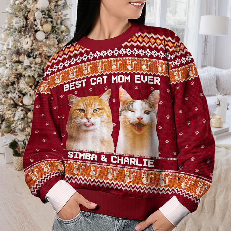 Sweat-shirt personnalisé avec photo « Née pour être une maman chat » - Pull en laine unisexe - Cadeau de Noël pour les propriétaires et les amoureux des animaux