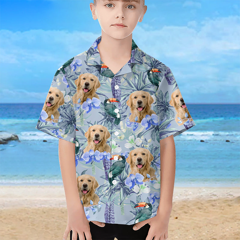 T-shirt hawaïen unisexe personnalisé avec photo d'oiseau tropical et de fleur pour enfant, chien et chat, style tropical, idéal pour les vacances d'été ou les anniversaires.