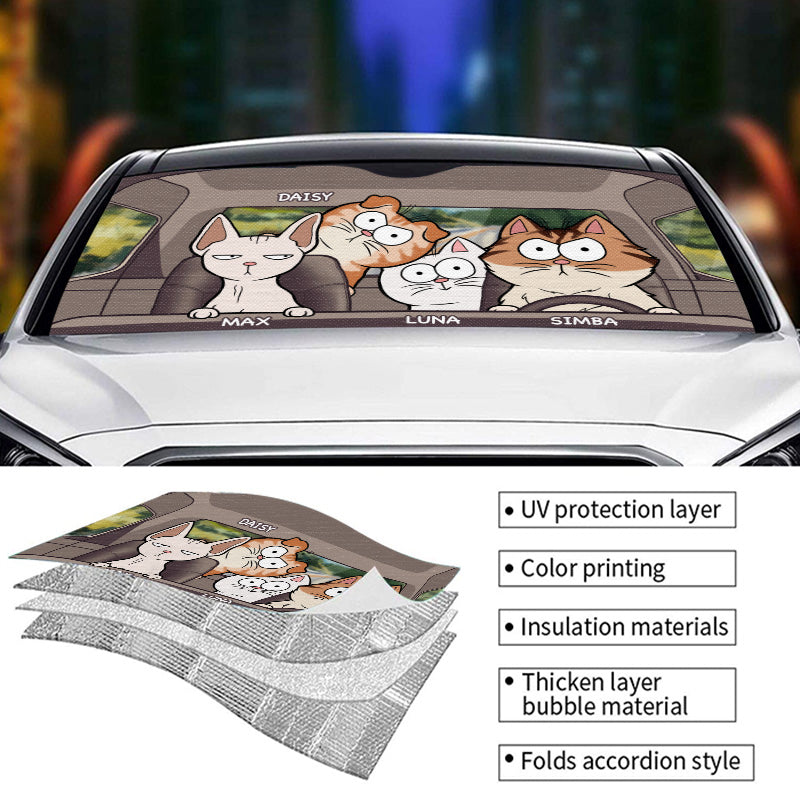 Pare-soleil personnalisé pour pare-brise de voiture, protection de fenêtre de voiture – Cadeaux d'anniversaire personnalisés pour les amoureux des chiens et des chats, les papas et les mamans de chiens, et les propriétaires de chats – Cat's Trip