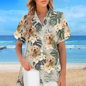 T-shirt hawaïen tropical unisexe personnalisé avec photo « Mélodie de l'été » pour chien et chat - Cadeau idéal pour les vacances d'été, les propriétaires d'animaux et les amoureux des animaux.
