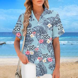 T-shirt hawaïen unisexe personnalisé avec photo et feuilles tropicales - Ambiance estivale - Logo de l'entreprise - Cadeau vacances d'été, cadeau pour collègue ou membre de l'équipe