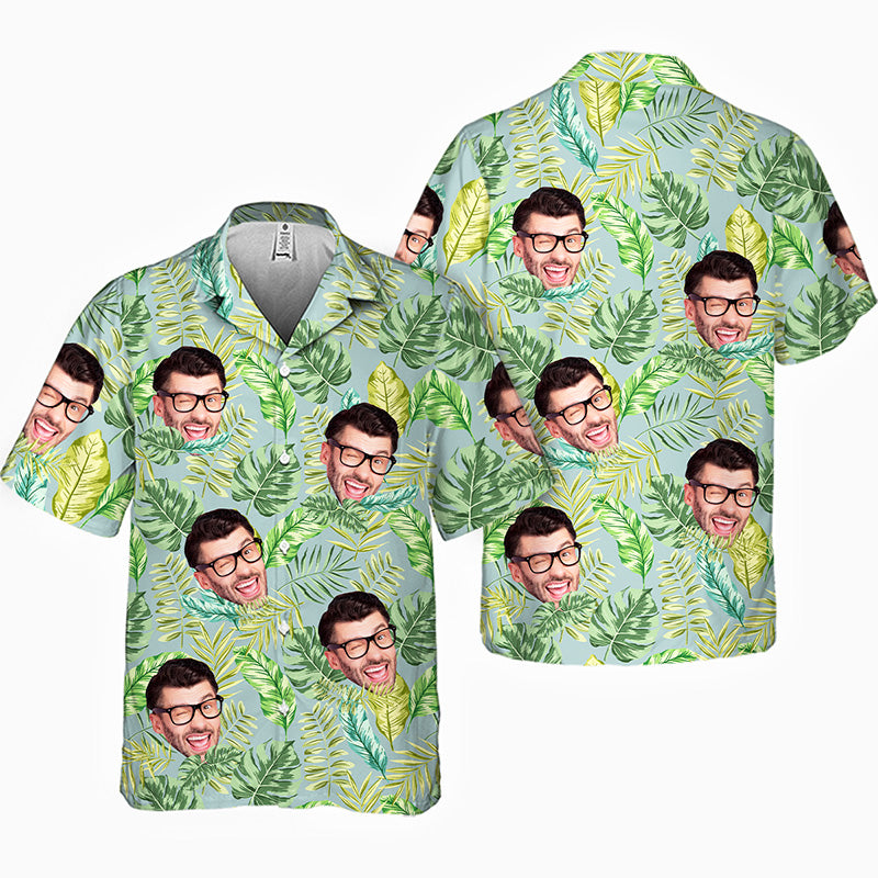 Feuilles tropicales colorées et animal de compagnie - Couple personnalisé visage personnalisé unisexe chemise hawaïenne tropicale Aloha - cadeau vacances d'été, cadeau pour mari femme