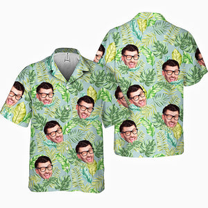Feuilles tropicales colorées et animal de compagnie - Couple personnalisé visage personnalisé unisexe chemise hawaïenne tropicale Aloha - cadeau vacances d'été, cadeau pour mari femme